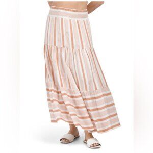 Tiered Maxi Skirt Striped Smocked Elastic Pull/On Western Festival